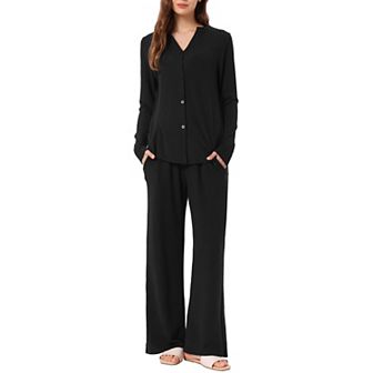 Womens Loungewear Pjs Short Sleeve Button Down Tops with Pants Sleepwear Pajamas Sets