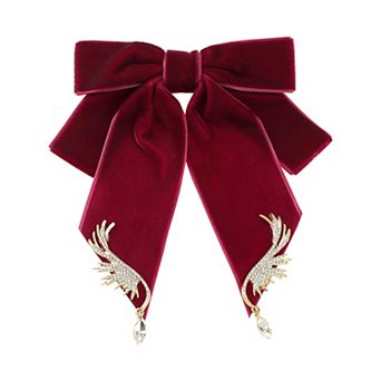 Women's Ribbon Bow Ties Velvet Solid Color Rhinestone Wings Bow Brooch for Party Wedding