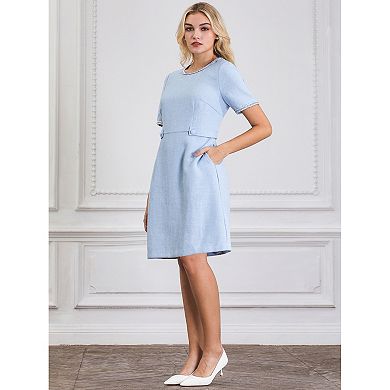 Women's Tweed Dress Round Neck Short Sleeve Elegant Work A-Line Short Dresses