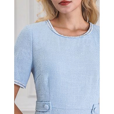 Women's Tweed Dress Round Neck Short Sleeve Elegant Work A-Line Short Dresses