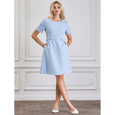 Women's Tweed Dress Round Neck Short Sleeve Elegant Work A-Line Short Dresses