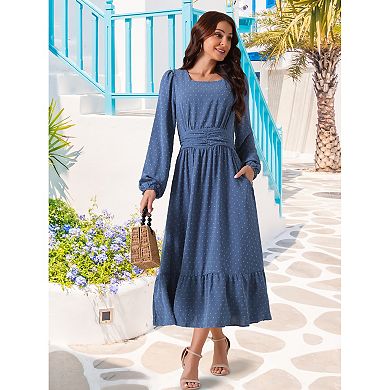 Women's fall Swiss Dot Dress Long Sleeve Square Neck High Waisted A-Line Tiered Boho Long Dresses