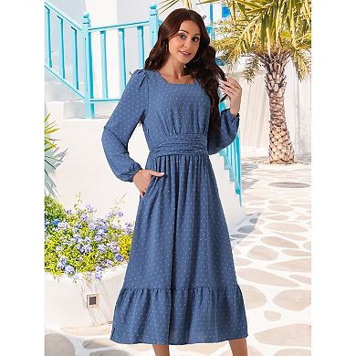 Women's fall Swiss Dot Dress Long Sleeve Square Neck High Waisted A-Line Tiered Boho Long Dresses