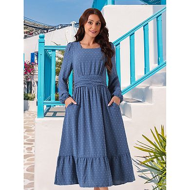 Women's fall Swiss Dot Dress Long Sleeve Square Neck High Waisted A-Line Tiered Boho Long Dresses