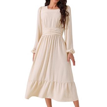 Women's fall Swiss Dot Dress Long Sleeve Square Neck High Waisted A-Line Tiered Boho Long Dresses