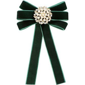 Women's Faux Pearl Bow Brooch Pre-Tied Neck Tie Brooch Pin Clip Ribbon Solid Bow Tie