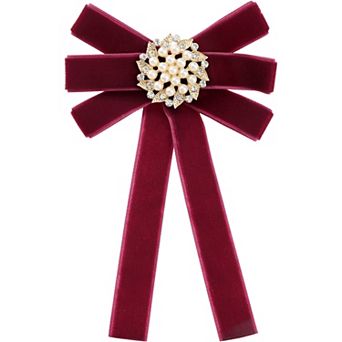 Women's Faux Pearl Bow Brooch Pre-Tied Neck Tie Brooch Pin Clip Ribbon Solid Bow Tie