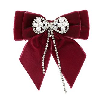 Women's Velvet Bow Tie Faux Pearl Rhinestone Bow Brooch for Elegant Decor