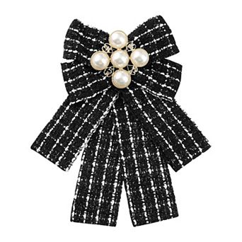 Ribbon Brooch Bow Tie Pin Fashion Beads Pre-Tied Plaid Pattern Bowknot for Women