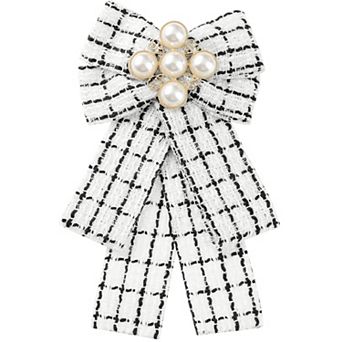 Ribbon Brooch Bow Tie Pin Fashion Beads Pre-Tied Plaid Pattern Bowknot for Women