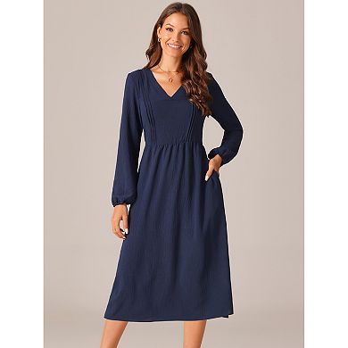 Women's Elegant Frilled Long Sleeve V Neck Casual Pleated Fit Flare A-Line Midi Dress