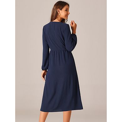 Women's Elegant Frilled Long Sleeve V Neck Casual Pleated Fit Flare A-Line Midi Dress
