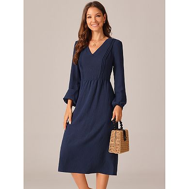 Women's Elegant Frilled Long Sleeve V Neck Casual Pleated Fit Flare A-Line Midi Dress