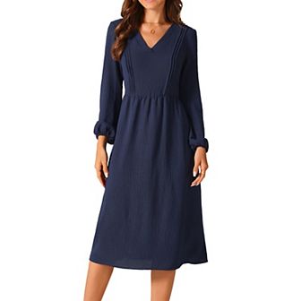 Women's Elegant Frilled Long Sleeve V Neck Casual Pleated Fit Flare A-Line Midi Dress