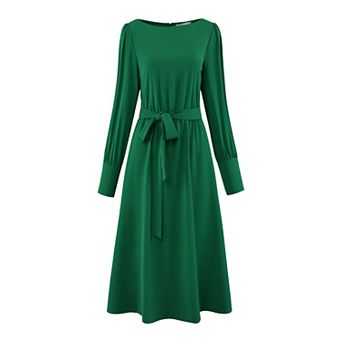 Women's Boat Neck Flare Dress Long Puffy Sleeve Tie Waist Casual Work A-Line Dresses