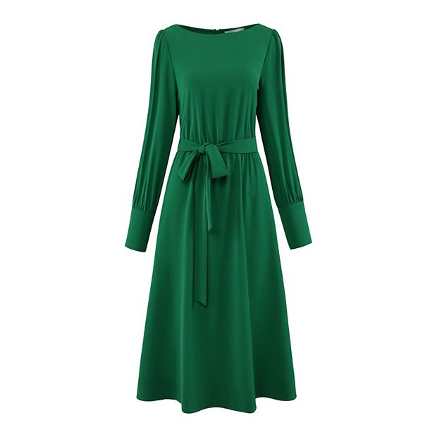 Women's Boat Neck Flare Dress Long Puffy Sleeve Tie Waist Casual Work  A-Line Dresses