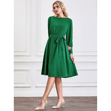 Women's Boat Neck Flare Dress Long Puffy Sleeve Tie Waist Casual Work A-Line Dresses