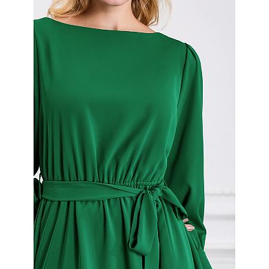 Women's Boat Neck Flare Dress Long Puffy Sleeve Tie Waist Casual Work A-Line Dresses