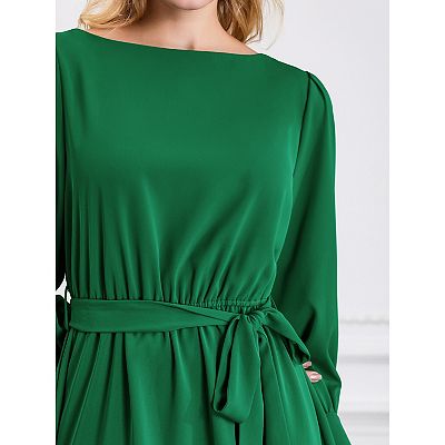Women's Boat Neck Flare Dress Long Puffy Sleeve Tie Waist Casual Work  A-Line Dresses