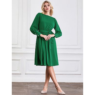 Women's Boat Neck Flare Dress Long Puffy Sleeve Tie Waist Casual Work A-Line Dresses