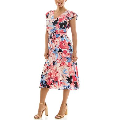 Women's Nina Leonard Print Flutter Sleeve Chiffon Dress