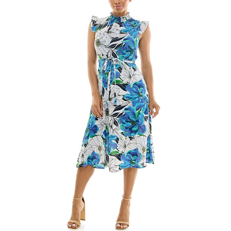 Women's Nina Leonard Smocked Printed Dress,
