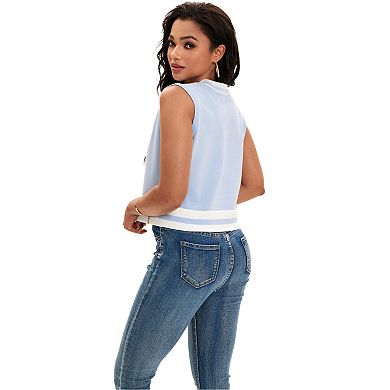 Women's V Neck Cropped Sweater Vest Color Block Sleeveless Knit Tank Tops Loose Fit Preppy Style