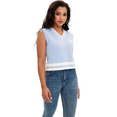 Women's V Neck Cropped Sweater Vest Color Block Sleeveless Knit Tank Tops Loose Fit Preppy Style
