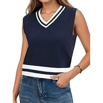 Women's V Neck Cropped Sweater Vest Color Block Sleeveless Knit Tank Tops Loose Fit Preppy Style