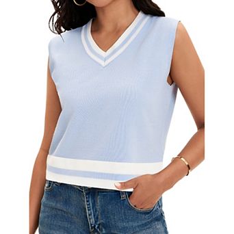 Women's V Neck Cropped Sweater Vest Color Block Sleeveless Knit Tank Tops Loose Fit Preppy Style