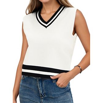 Women's V Neck Cropped Sweater Vest Color Block Sleeveless Knit Tank Tops Loose Fit Preppy Style