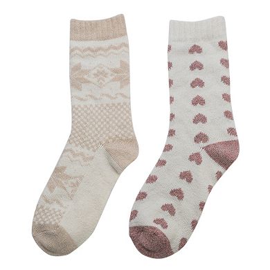 Women's Cuddl Duds Plushfill 2-pk. Scandinavian Snowflake & Heart Crew Socks
