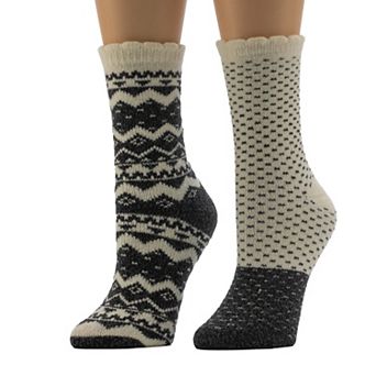Women's Cuddl Duds Plushfill 2 pk Pucker Scallop Welt Geo Fairisle Crew Socks