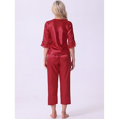 Women's Satin Pajama Set Silky Half Sleeve Shirt with Long Pajama Pant Set Soft PJ Loungewear