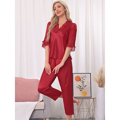 Women's Satin Pajama Set Silky Half Sleeve Shirt with Long Pajama Pant Set Soft PJ Loungewear