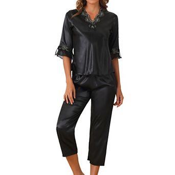Women's Satin Pajama Set Silky Half Sleeve Shirt with Long Pajama Pant Set Soft PJ Loungewear