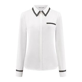 Women's Button Down Shirt Collared Long Sleeve Tweed Trim Office Blouse