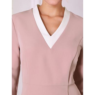 Women's 3/4 Sleeve Pencil Dress Contrast Color V Neck Elegant Work Sheath Dresses