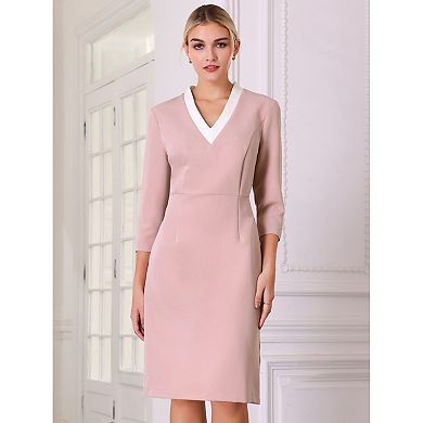Women's 3/4 Sleeve Pencil Dress Contrast Color V Neck Elegant Work Sheath Dresses