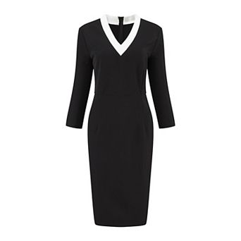 Women's 3/4 Sleeve Pencil Dress Contrast Color V Neck Elegant Work Sheath Dresses