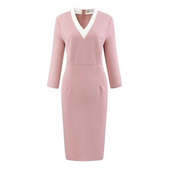 Women's 3/4 Sleeve Pencil Dress Contrast Color V Neck Elegant Work Sheath Dresses
