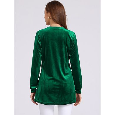 Women's Velvet Top V Neck Long Sleeves Solid Casual Tunic Blouse Loose T-Shirt