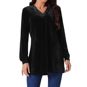 Women's Velvet Top V Neck Long Sleeves Solid Casual Tunic Blouse Loose T-Shirt