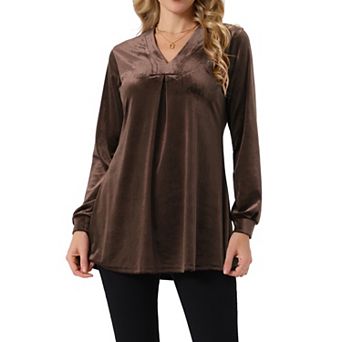 Women's Velvet Top V Neck Long Sleeves Solid Casual Tunic Blouse Loose T-Shirt