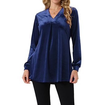 Women's Velvet Top V Neck Long Sleeves Solid Casual Tunic Blouse Loose T-Shirt