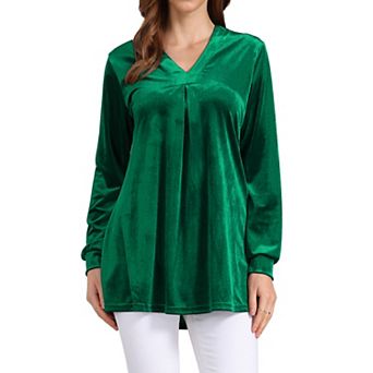 Women's Velvet Top V Neck Long Sleeves Solid Casual Tunic Blouse Loose T-Shirt