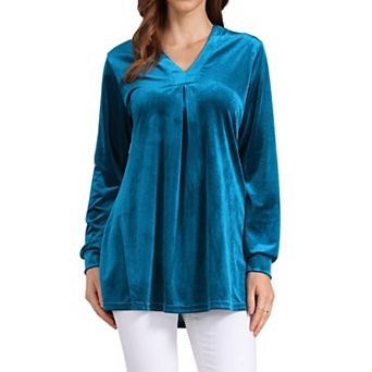 Women's Velvet Top V Neck Long Sleeves Solid Casual Tunic Blouse Loose T-Shirt