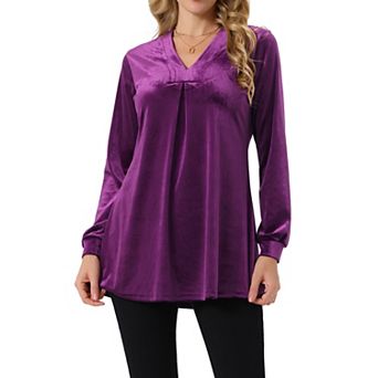 Women's Velvet Top V Neck Long Sleeves Solid Casual Tunic Blouse Loose T-Shirt