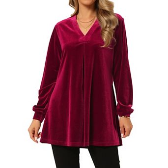 Women's Velvet Top V Neck Long Sleeves Solid Casual Tunic Blouse Loose T-Shirt
