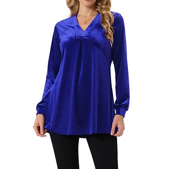 Women's Velvet Top V Neck Long Sleeves Solid Casual Tunic Blouse Loose T-Shirt